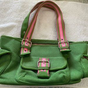 The Sak green and pink knit purse